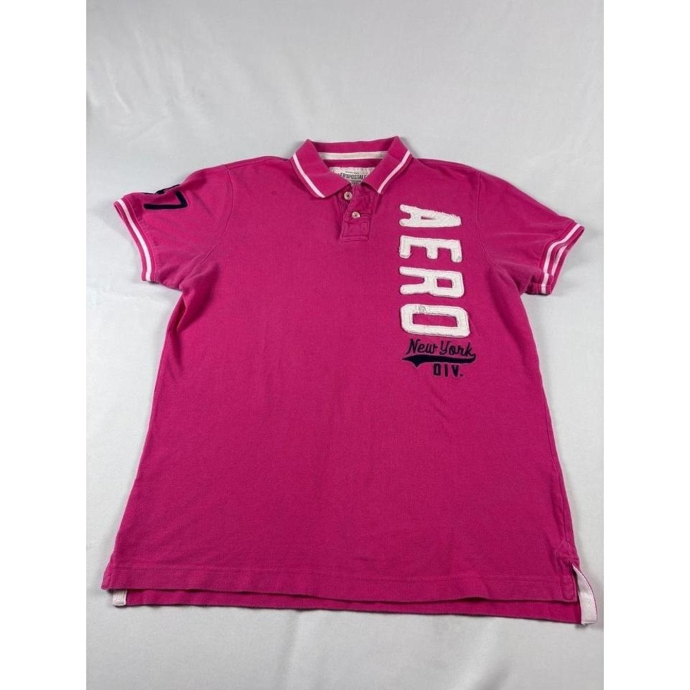Aeropostale Mens XL Pink AERO New York Div 87 Applique Short Sleeve Polo Shirt